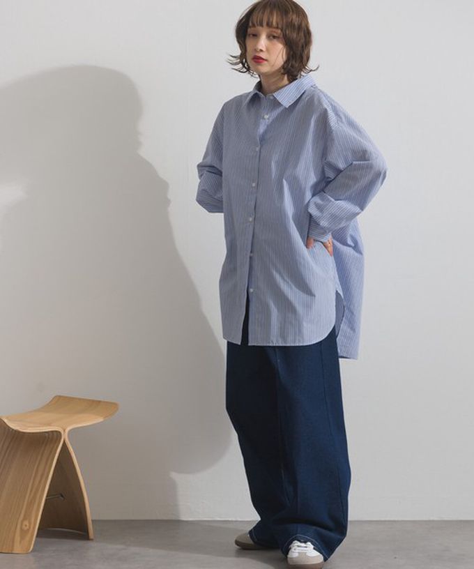 日本 ELENCARE DUE - 2way穿法俐落條紋寬版襯衫-藍