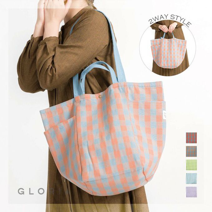 日本 Chepeli - [定番]印度棉大容量2way手提包(15L)-藍棕格紋 (約34x46x20cm)