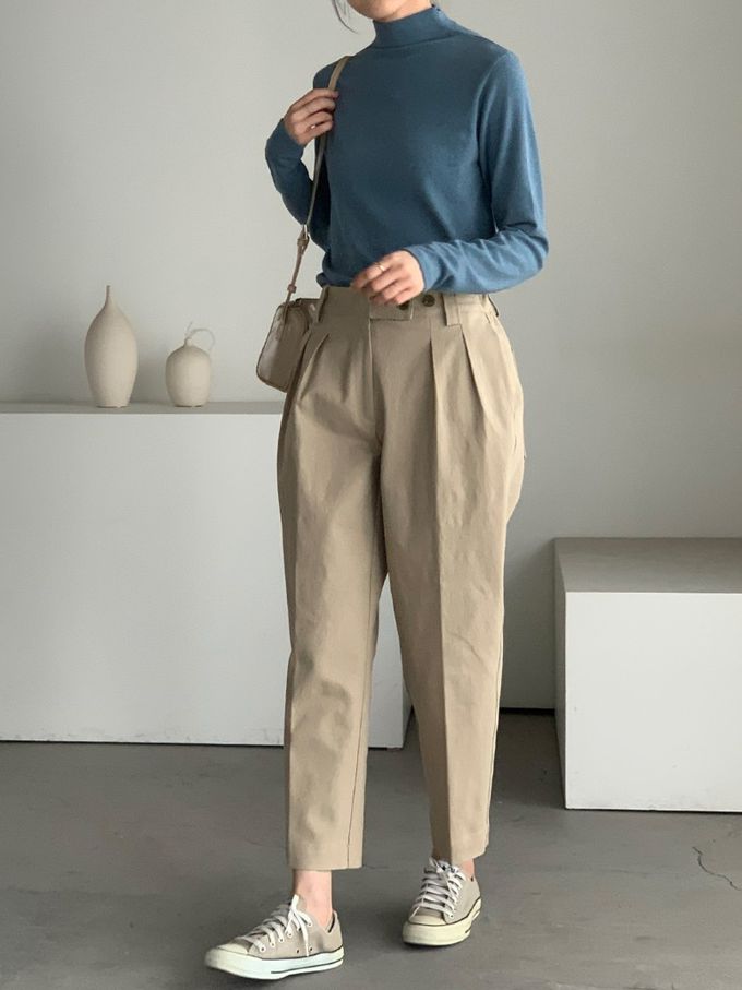 韓國女裝連線 - 百搭中領混羊毛長袖上衣-霧藍 (FREE)