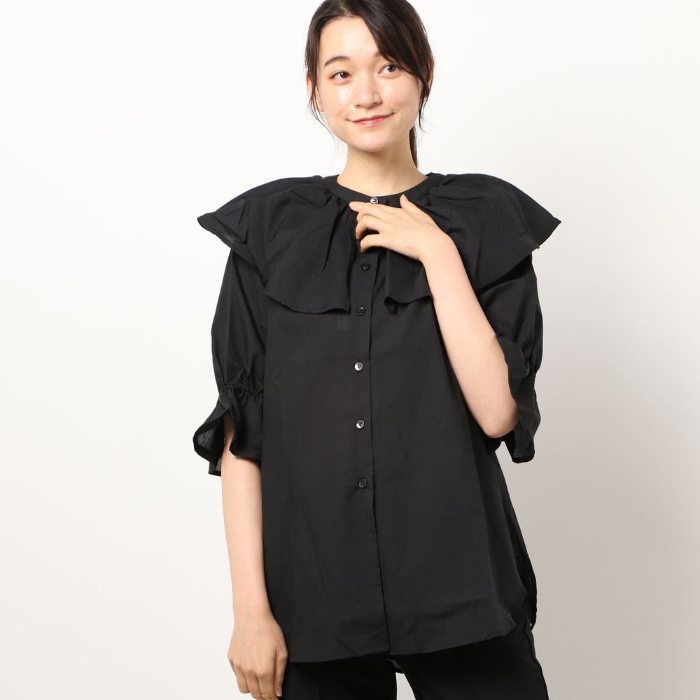 日本 Riche Glamour - 浪漫大荷葉五分袖襯衫-黑
