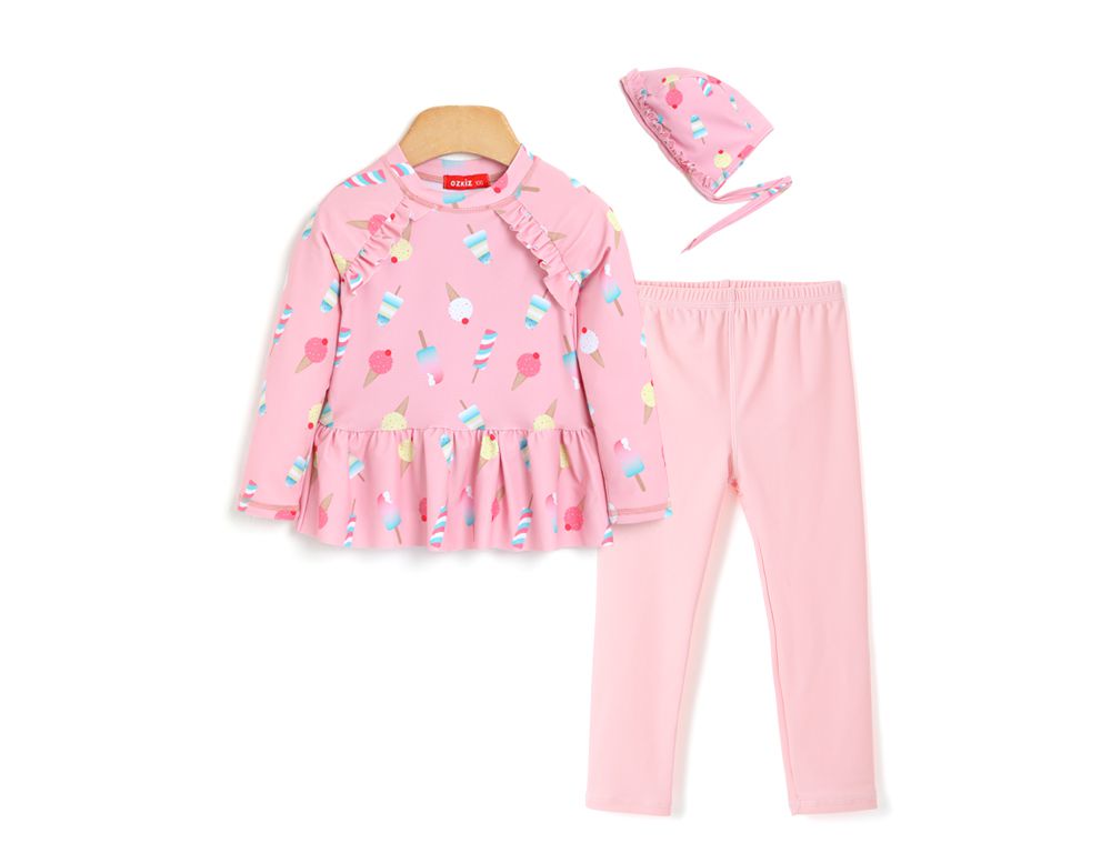 韓國 OZKIZ - 抗UV防曬兒童泳裝-三件組-甜心冰淇淋