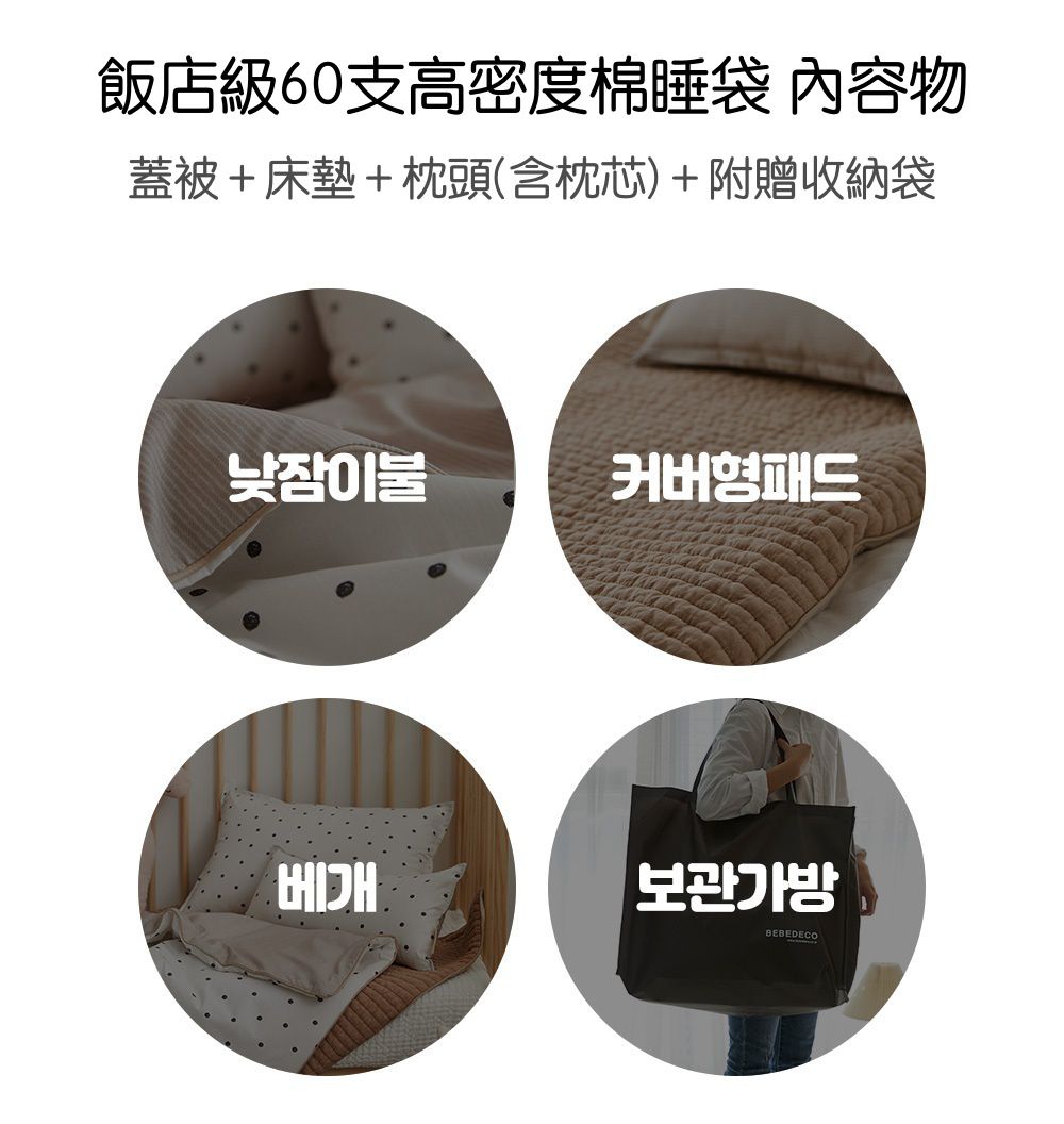 韓國 Bebe Deco - 6cm厚墊飯店級60支高密度棉睡袋-格子棕-被子*1, 睡墊*1, 枕套*1, 枕心*1, 防水收納袋*1