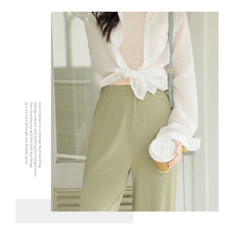 高腰垂墜落地寬褲/皺皺褲-黑色