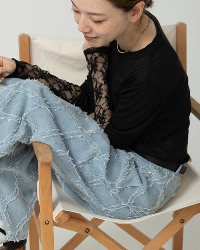 日本 gleam - 薄透合身蕾絲拼接長袖上衣-白