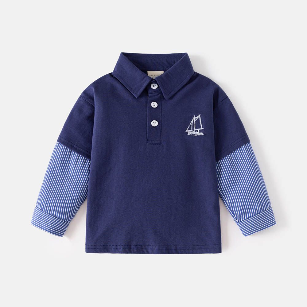 假兩件袖拼接翻領長袖上衣-帆船-藏青