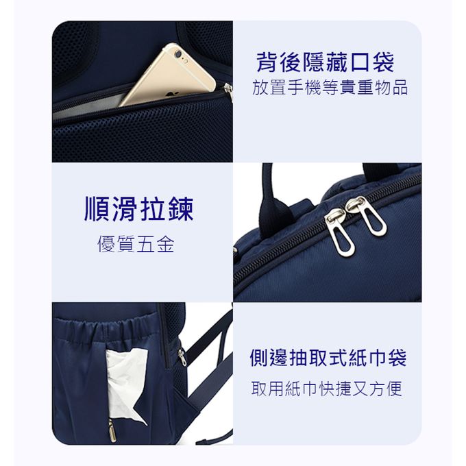 Heine 海恩 - WIN-221 素面尼龍包 流行後背包 媽媽包 待產包 育兒包 防盜防潑水包包(月子禮物)-藏藍色