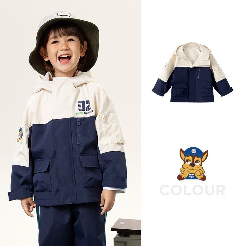 卡通汪汪隊防風防水連帽衝鋒外套-卡通人物阿奇-米白+深藍