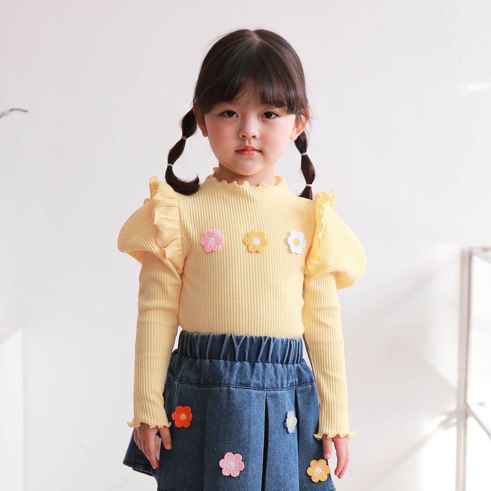 韓國 Coco rabbit - 荷葉裝飾立體花朵泡泡袖上衣-黃