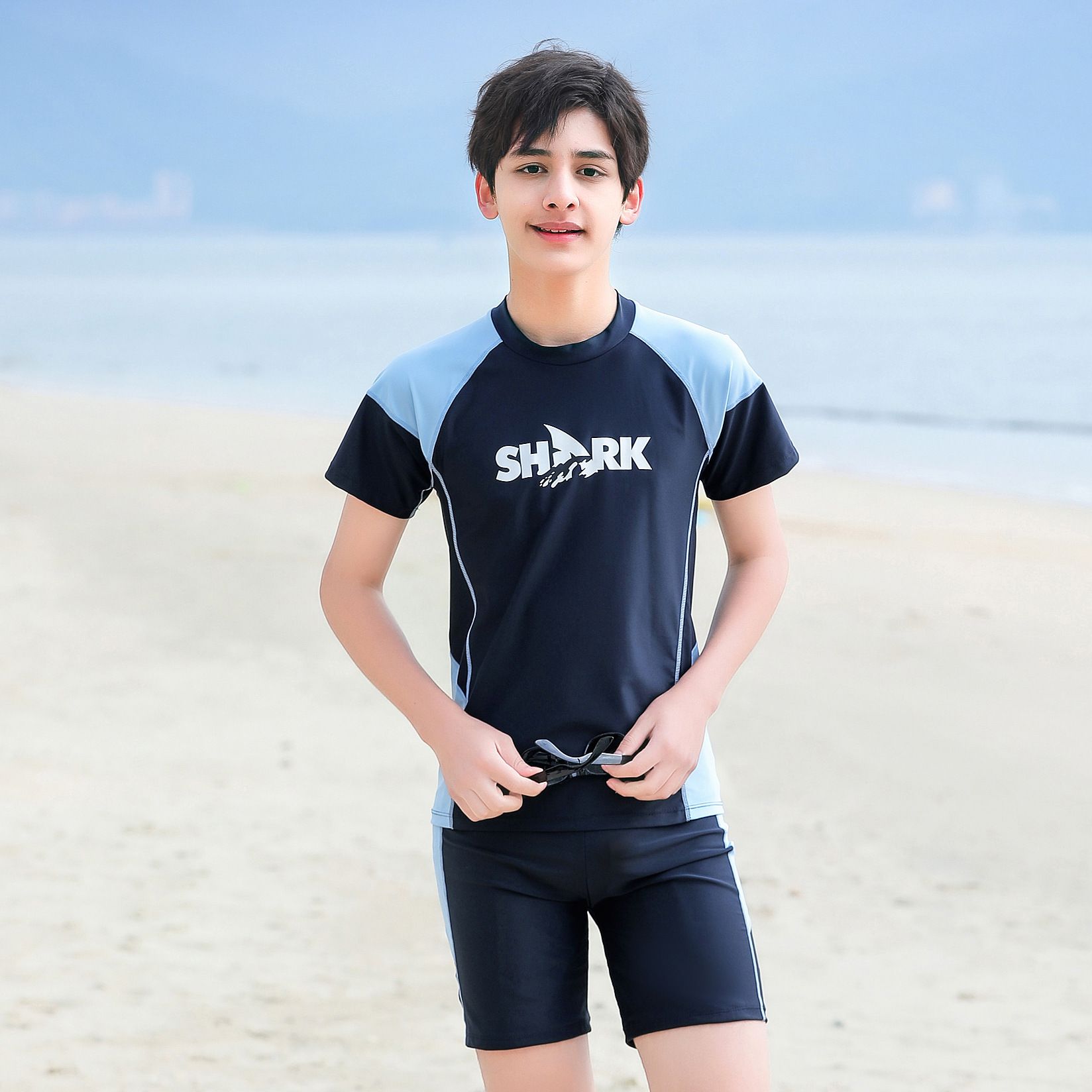 大童男孩短袖泳衣套裝(二件組)-SHARK-黑色-泳衣、泳褲