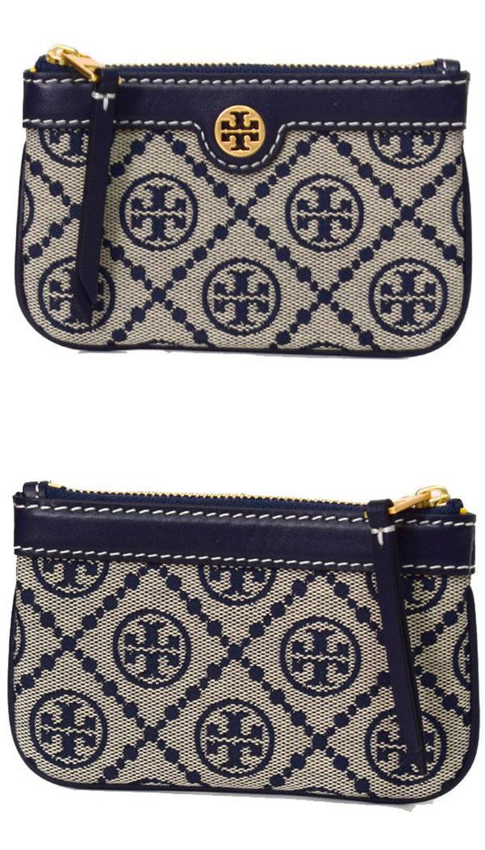TORY BURCH - 雙T-LOGO提花拼接皮革零錢包 (藍色)