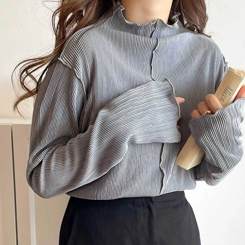 羅紋線條感木耳小高領長袖上衣-淺灰藍