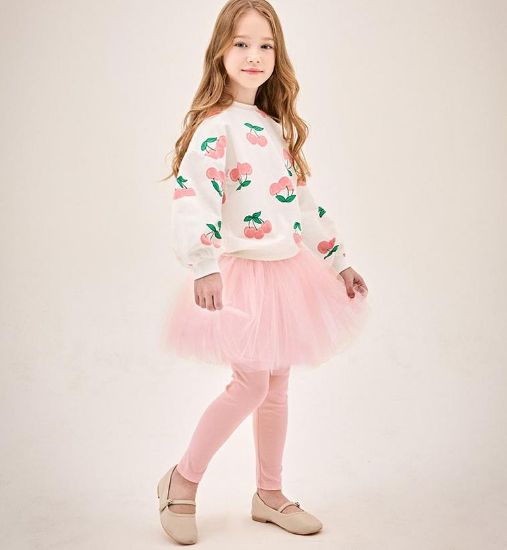 酸甜櫻桃長袖上衣網紗裙內搭褲套裝-白X淺粉