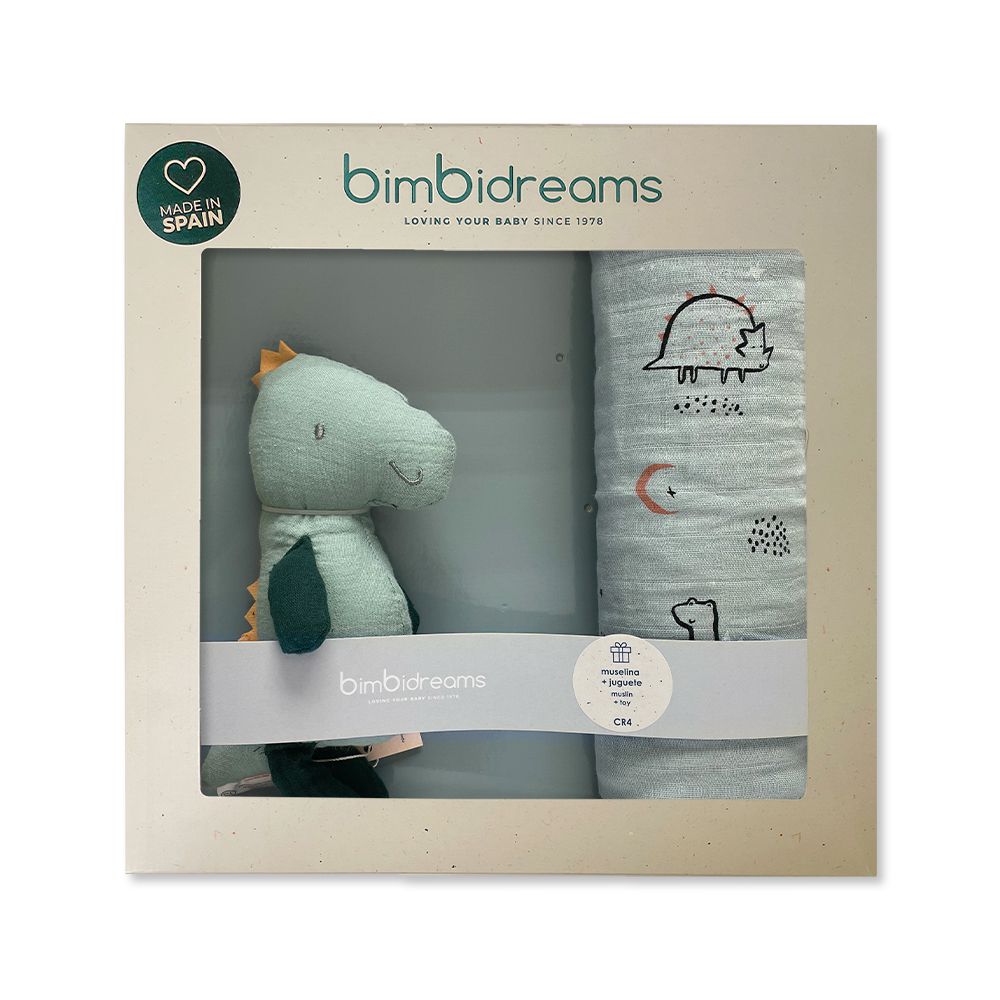 【bimbidreams】竹纖維紗布包巾+玩偶禮盒 120x120cm(寶寶新生兒禮 滿月禮 彌月禮 嬰兒禮盒 推車蓋毯 萬用巾 紗布被  哺乳巾 小被被 嬰兒毯)-小恐龍