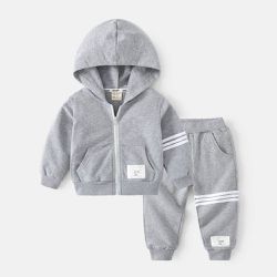 WELLKIDS - 連帽長袖外套套裝-時尚線條-灰色