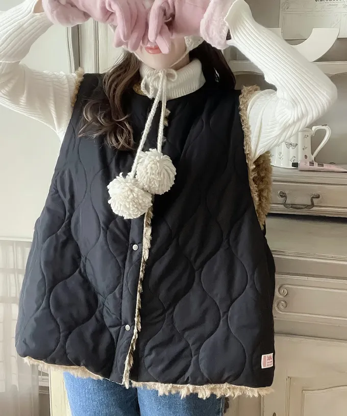 日本 Classical Elf - Java 雙面穿時尚泰迪熊毛絨背心-米杏