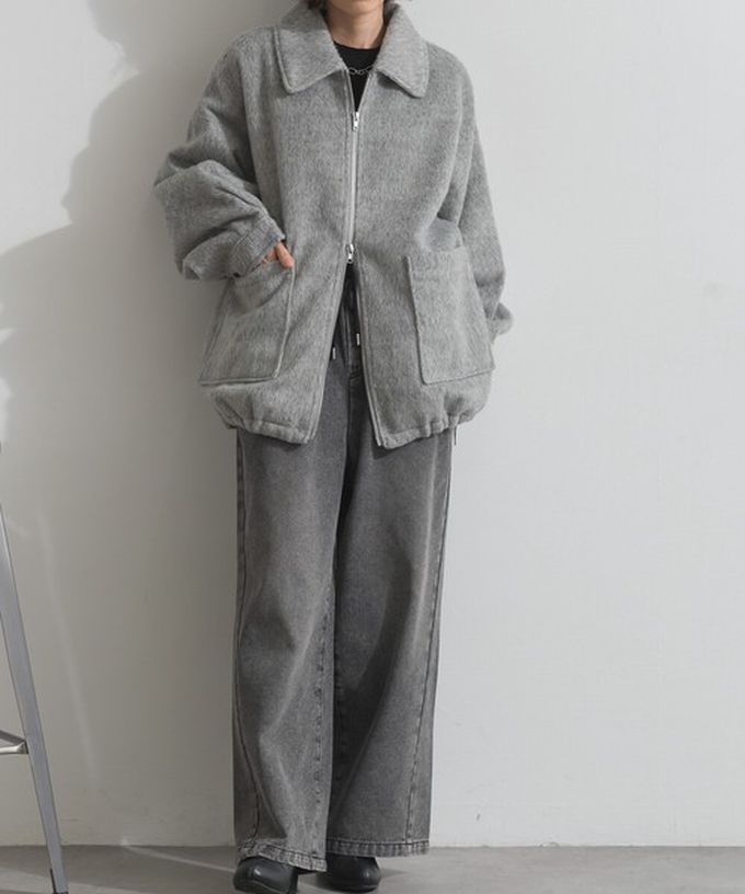 日本 ELENCARE DUE - 毛海感寬版雙拉鏈大口袋保暖外套-象牙白