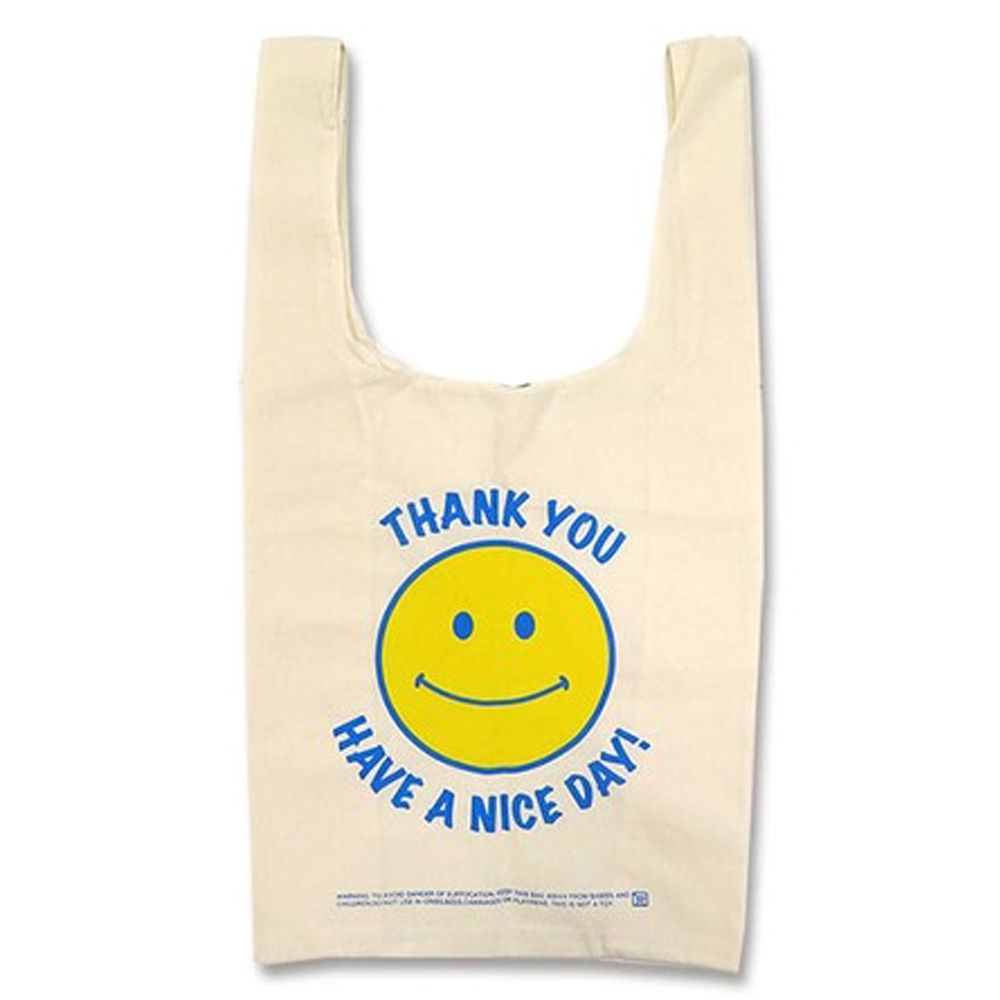 日本 OKUTANI - 折疊購物袋(純棉)-笑臉-米黃 (32x60x16cm)