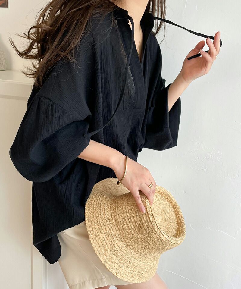 日本 Classical Elf - 溫柔感楊柳細摺綁帶長袖上衣-淺灰棕