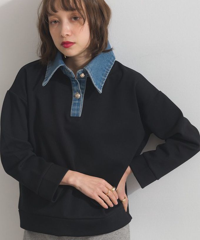 日本 ELENCARE DUE - 牛仔領層次感厚磅休閒長袖上衣-黑