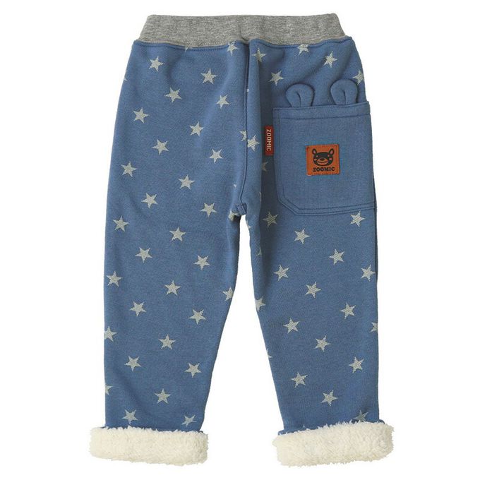 日本 ZOOLAND - 熊耳口袋滿版星星裏毛長褲-卡其