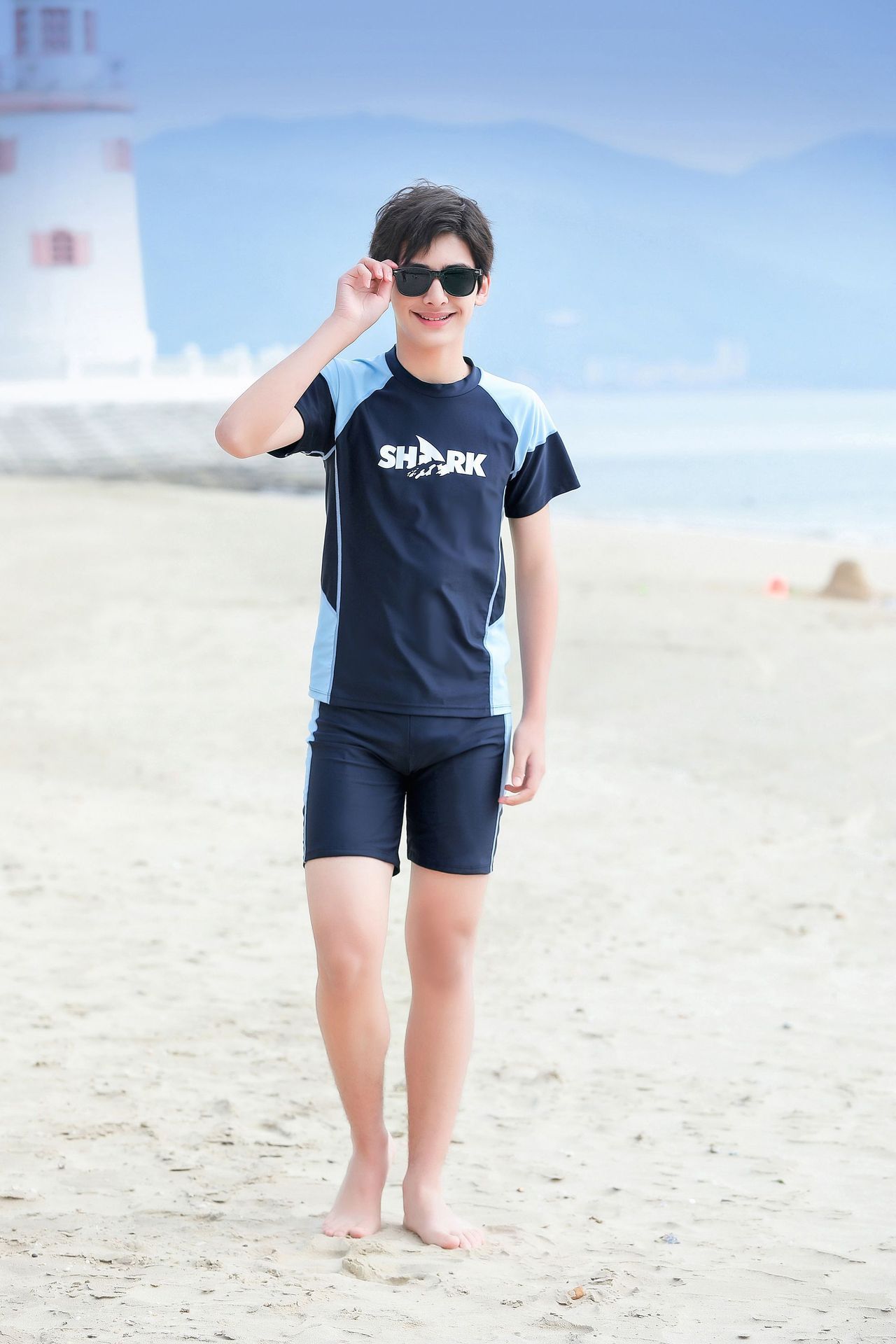 大童男孩短袖泳衣套裝(二件組)-SHARK-黑色-泳衣、泳褲