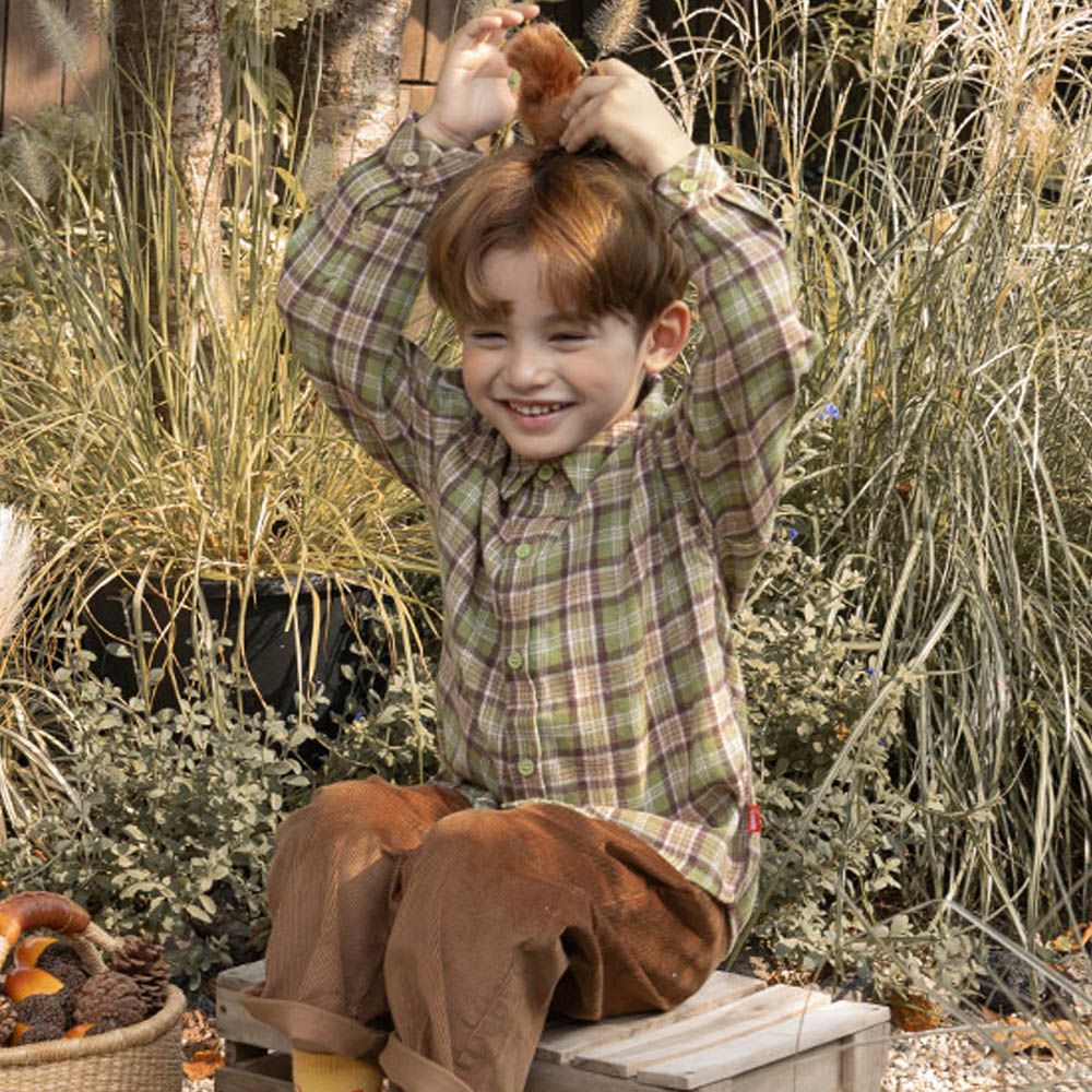 休閒格紋長袖翻領襯衫-軍綠