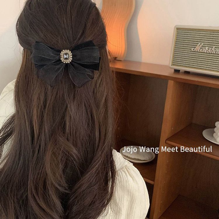 網紗水鑽蝴蝶結髮夾-方形水鑽-黑色