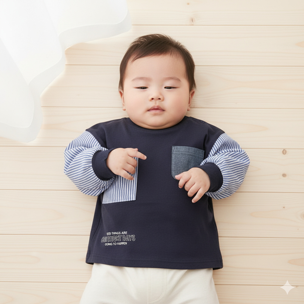 T恤-平織布拼接-深藍色