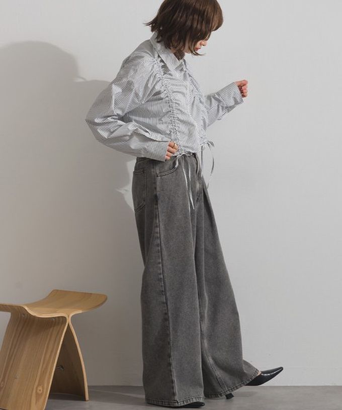 日本 ELENCARE DUE - 10oz 立體摺線後腰鬆緊牛仔褲-刷色黑