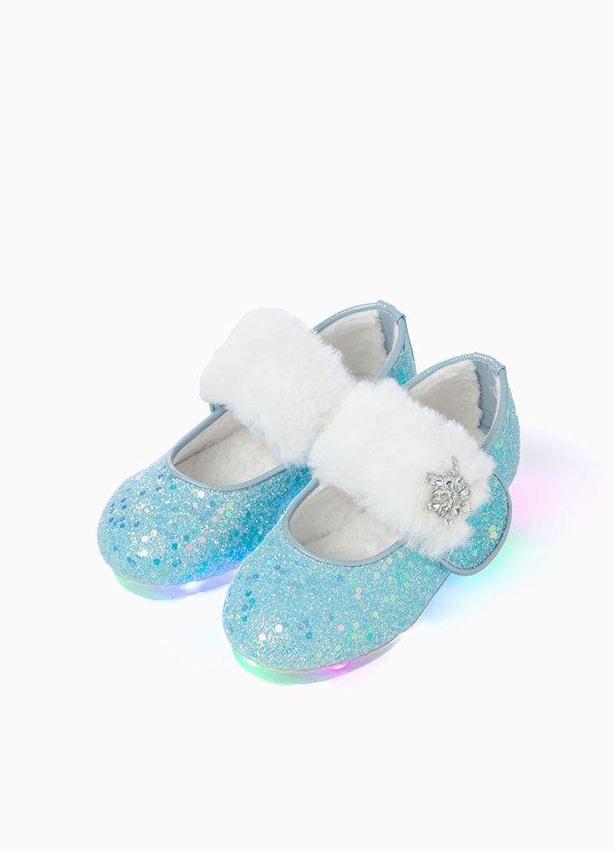 韓國 OZKIZ - (LED)冰雪女王毛絨矮跟皮鞋-天空藍