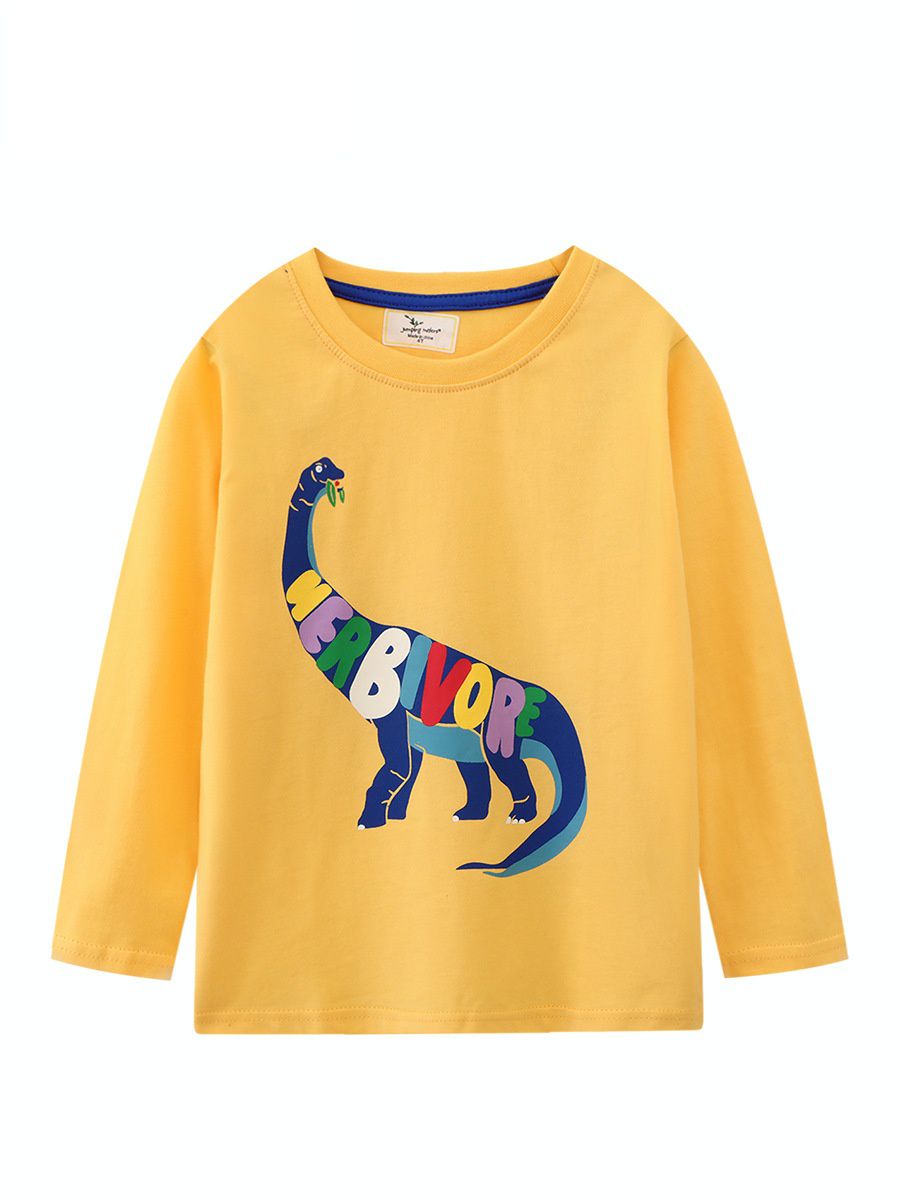 Jumping meters - 圓領棉質長袖上衣-繽紛英文字恐龍-黃色