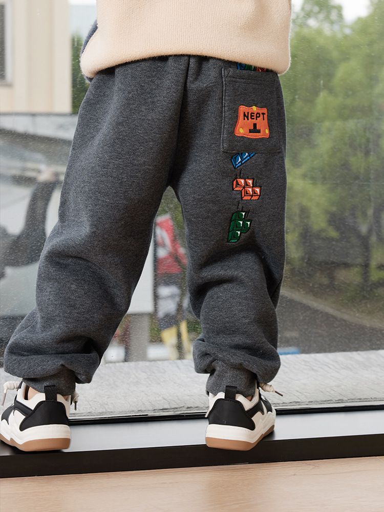 薄絨腰鬆緊休閒保暖束口長褲-俄羅斯方塊-深灰色