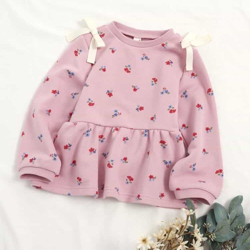 雙肩浪漫蝴蝶結裏毛長袖上衣-小花-粉紅