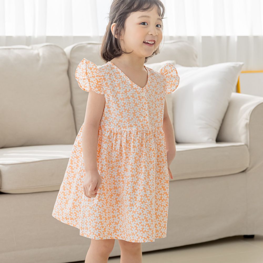 韓國 Orange Mom - 滿版花朵荷葉立體袖洋裝-橘