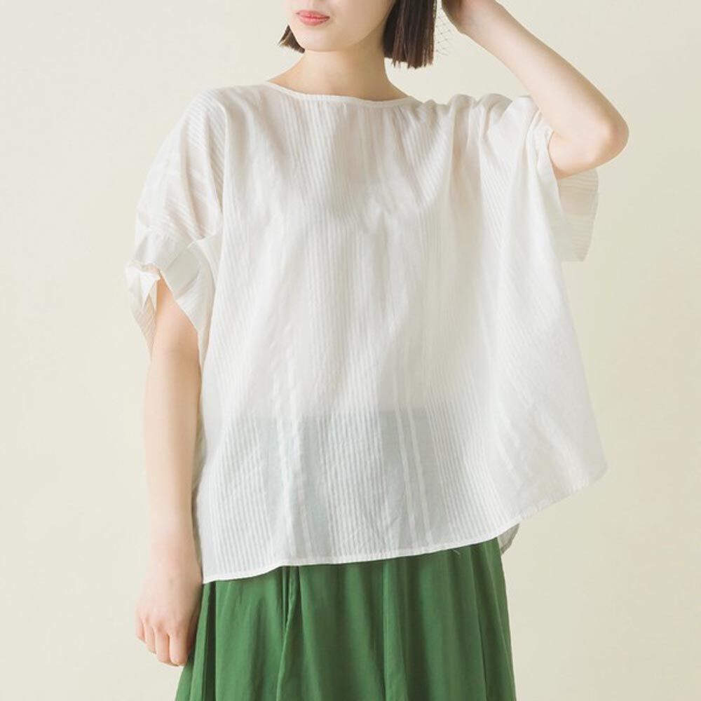日本 OMNES - 100%印度棉 甜美摺邊短袖上衣-白