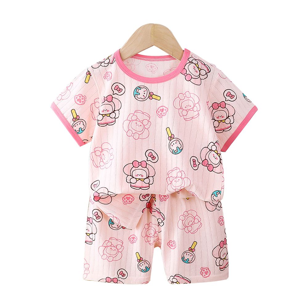 薄款純棉短袖套裝 兒童短袖睡衣 短褲童裝組-粉底兔兔