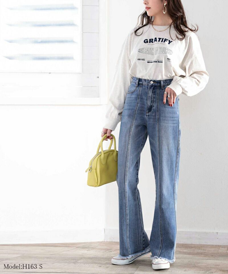 日本 Classical Elf - 顯瘦美腿彈性微喇叭長褲-丹寧藍