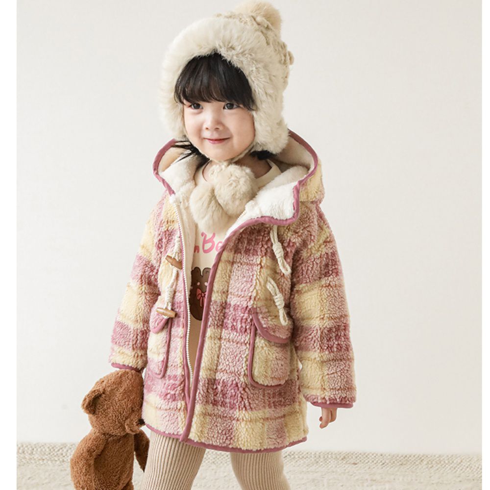 TONGMO - 羊羔絨復古牛角釦連帽外套-格紋-粉+黃