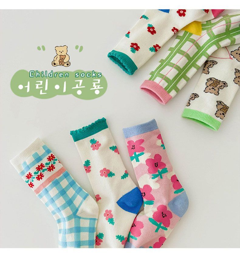 兒童中筒襪 (三入一組)-1093小熊花園-A款綠