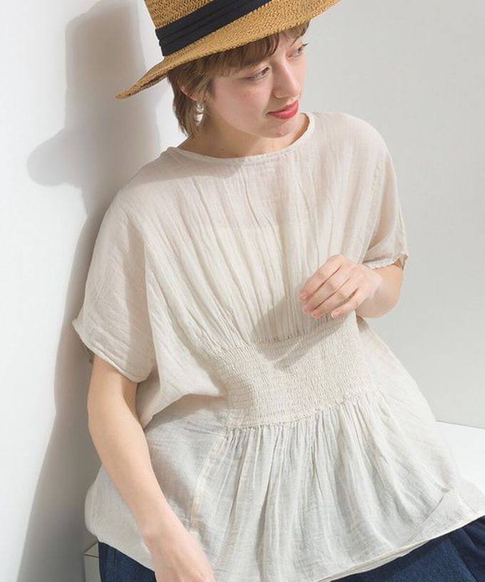 日本 Lupilien - 印度棉 人字紋清爽飄逸瘦腰短袖上衣-象牙白