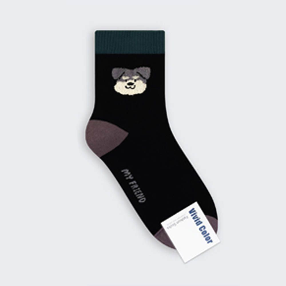 韓製動物毛巾繡彈性中筒襪-狗狗-黑 (23-25cm)-1雙