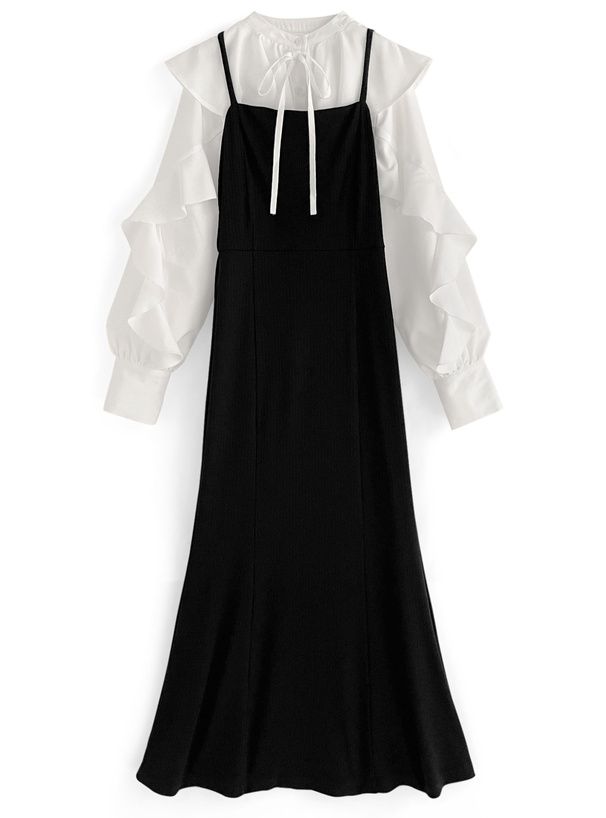 日本 GRL - 浪漫無敵荷葉邊拼接洋裝-白x黑