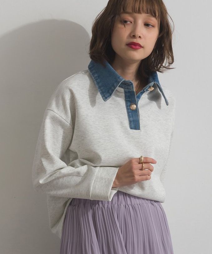 日本 ELENCARE DUE - 牛仔領層次感厚磅休閒長袖上衣-燕麥白