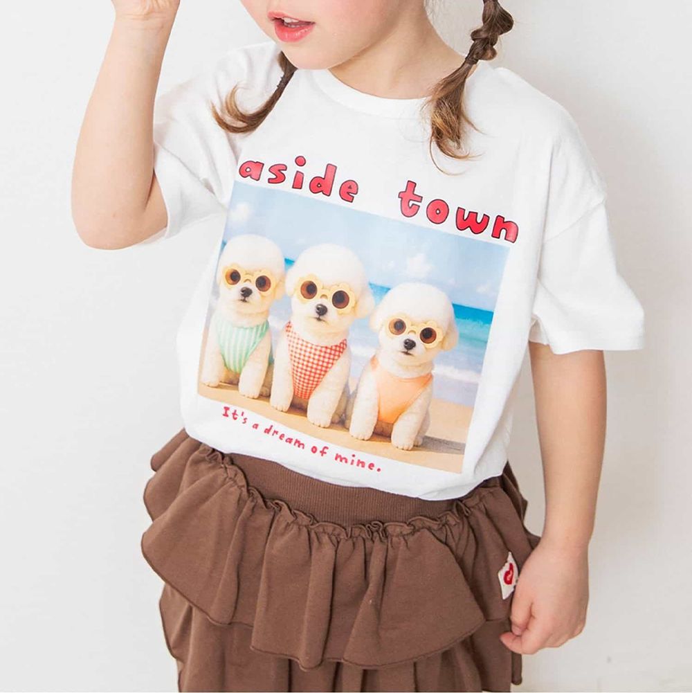 夏日風情女孩短袖上衣-墨鏡狗狗-白