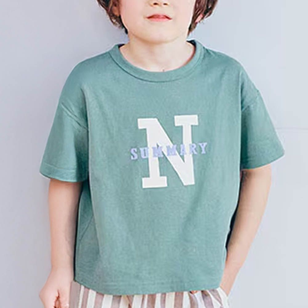 純棉落肩北歐風印花短袖上衣-N-綠