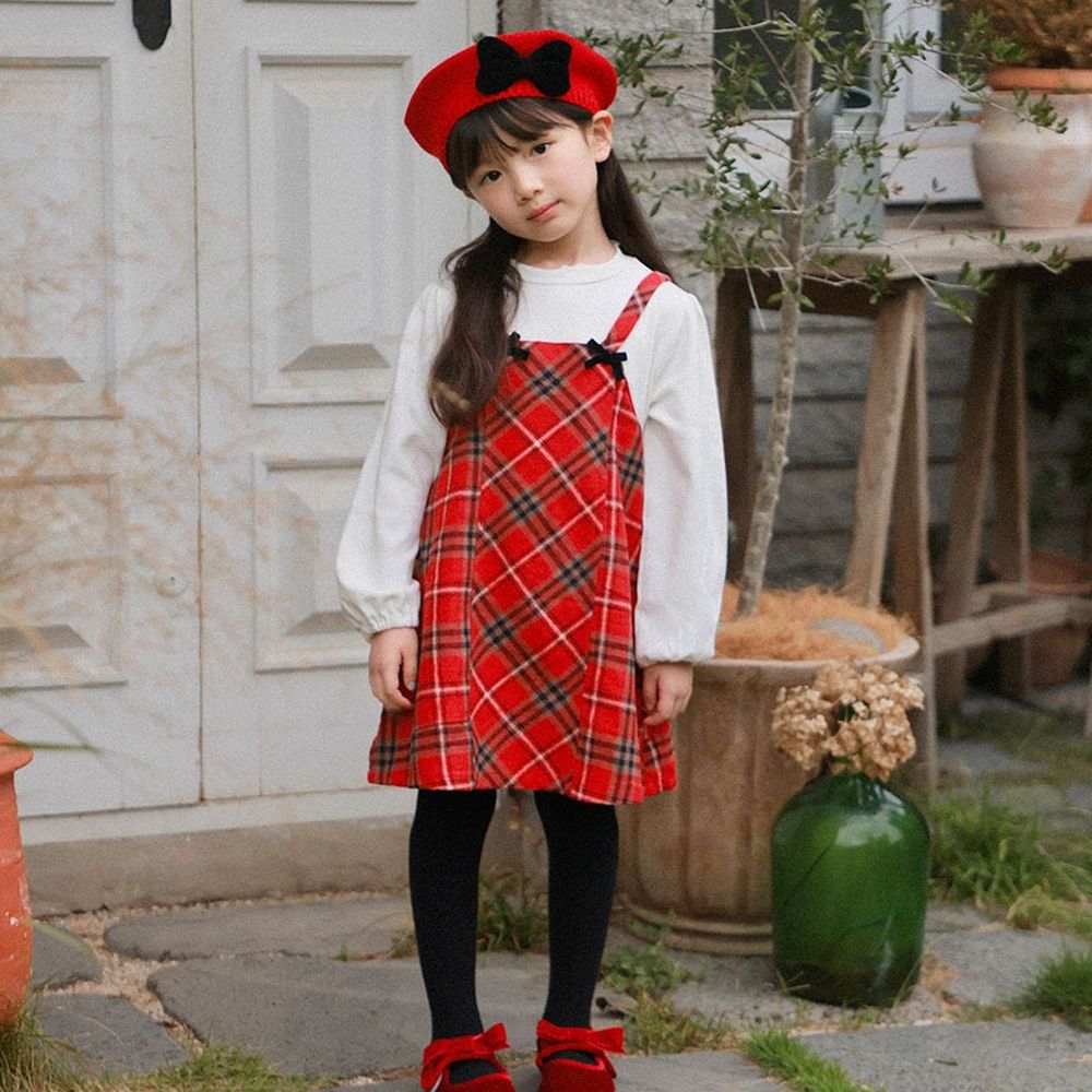 (附編織帽)冬日風格假兩件格紋洋裝-白X紅