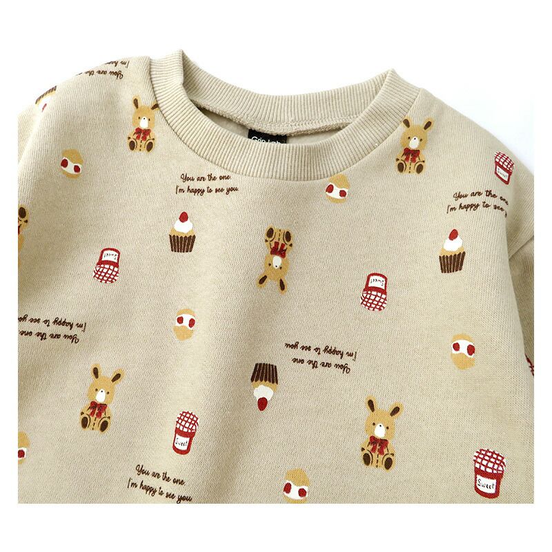 日本 ZOOLAND - 童趣印花圓領純棉長袖上衣-兔兔甜點-淺灰杏