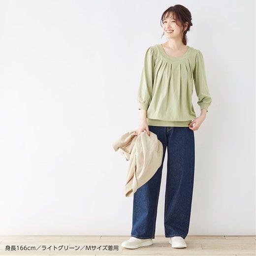 日本 BELLUNA - 100%棉柔軟抓皺長袖上衣-海軍藍