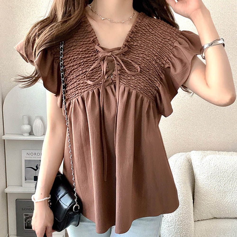 前後2way荷葉皺摺V領上衣-咖啡 (F)