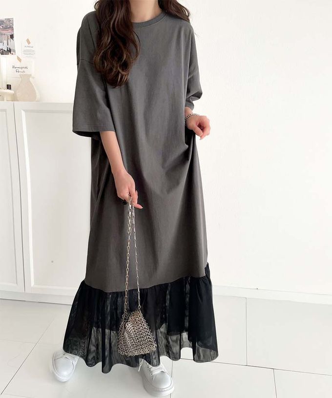 日本 Classical Elf - 飄逸下擺薄紗休閒短袖洋裝-黑